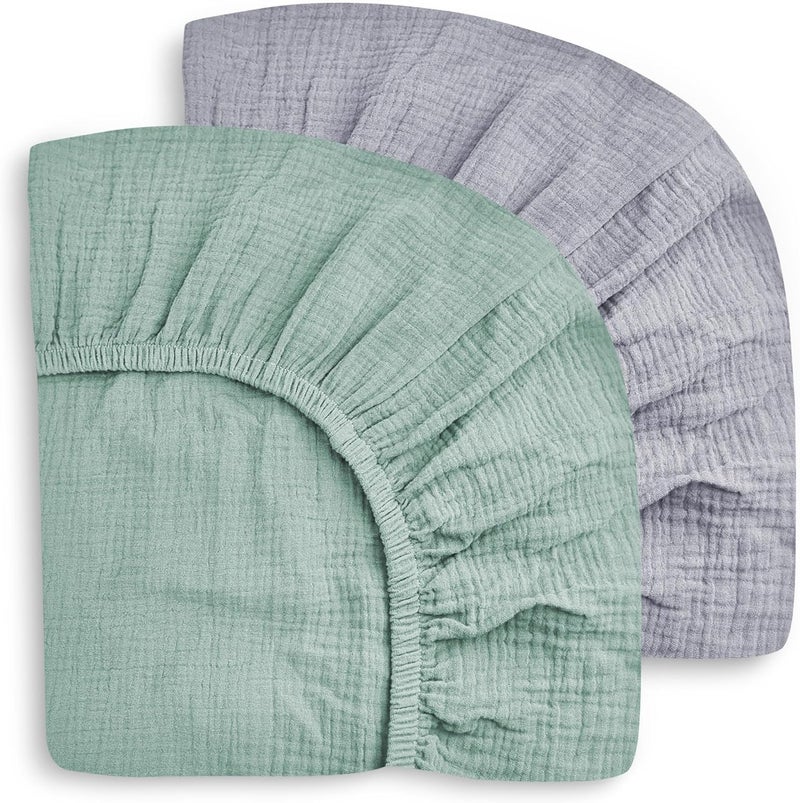 SWEET DOLPHIN 2-Pack Muslin Crib Sheets for Boys & Girls, Ultra Soft Breathable 40S Long-Staple Cotton Fitted Baby Sheets for Standard Crib Mattress 52"x28", Green and Grey- Nursery Essentials - Image 1